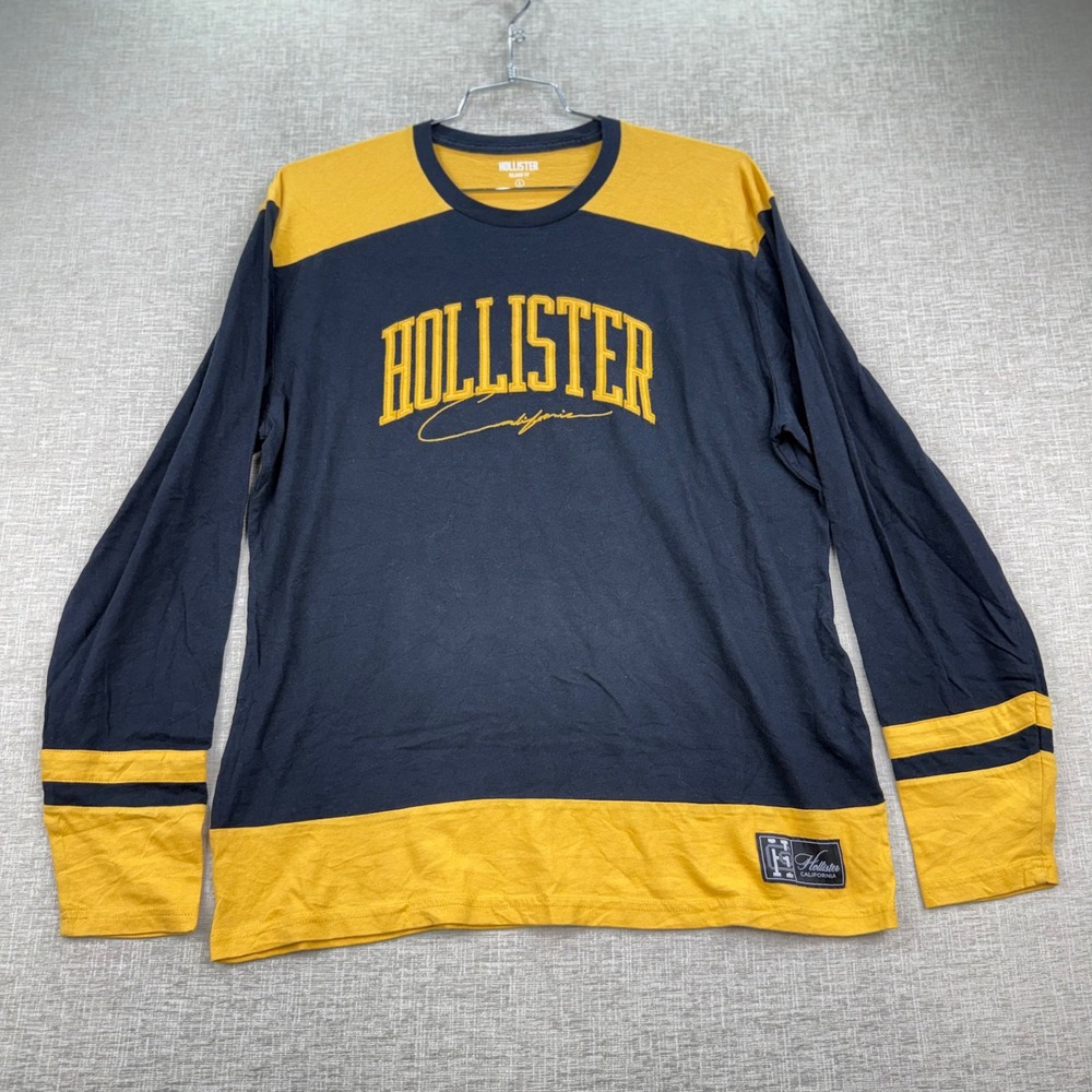 Hollister Mens Relaxed Fit Long Sleeve Graphic T-Shirt Navy Yellow Large
